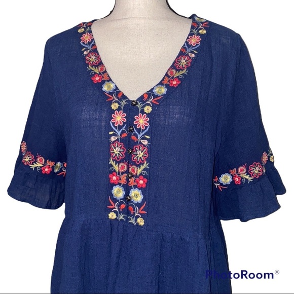 entro medium women’s shirt sleeve blue v neck floral embroidered baby doll dress - Picture 4 of 15